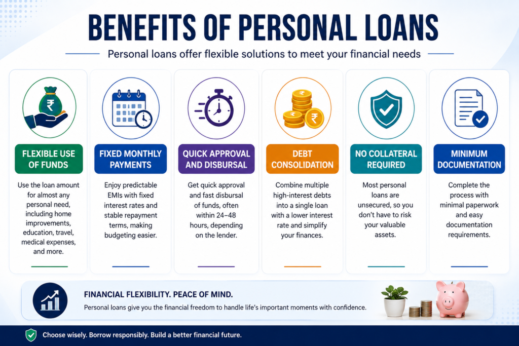 Infographic highlighting the key benefits of personal loans, including flexible use of funds, fixed monthly payments, quick approval, debt consolidation, and unsecured borrowing.