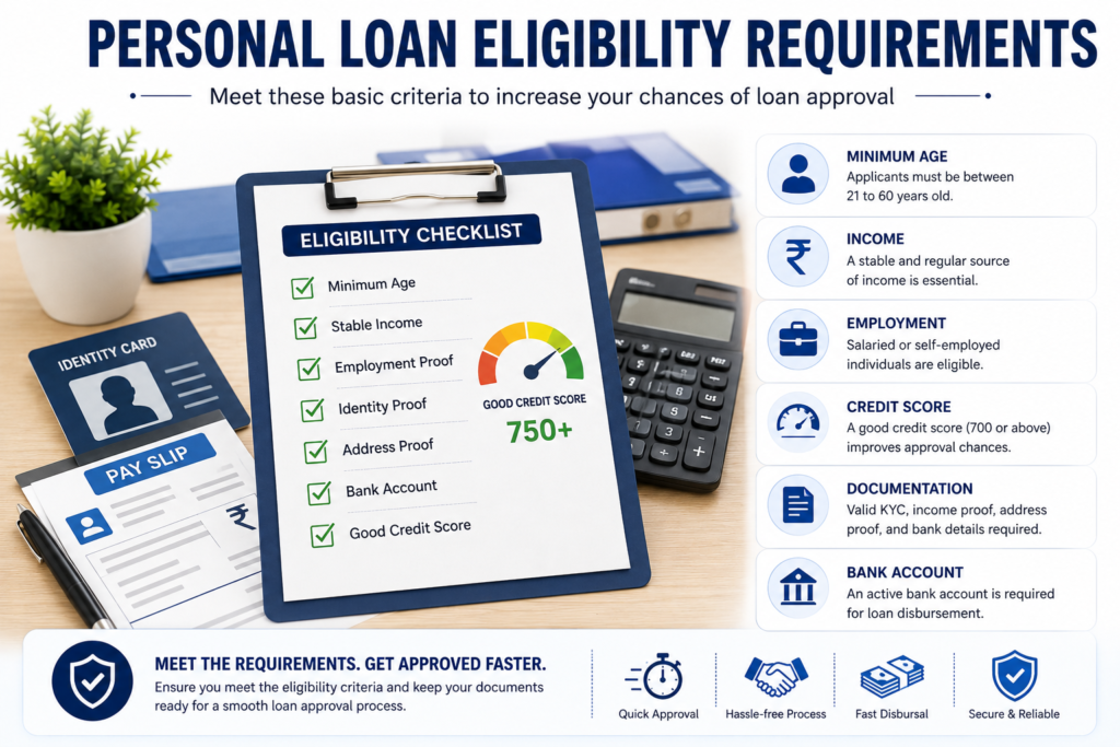 Personal loan eligibility checklist showing age requirements, income verification, employment status, credit score, documentation, and bank account details.