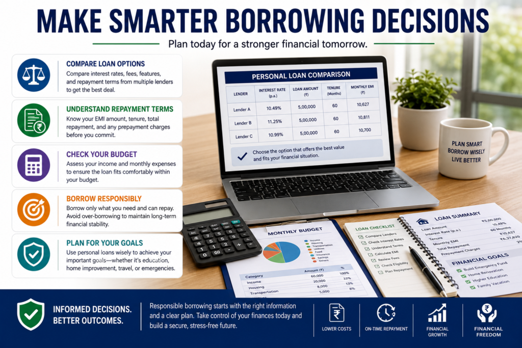 Financial planning workspace featuring a laptop, calculator, budget documents, and loan comparison charts used for making informed personal loan decisions.