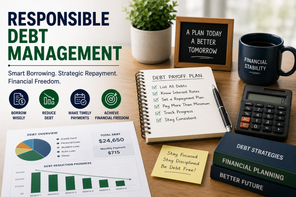 Professional debt management infographic featuring debt repayment planning, budgeting tools, financial tracking documents, calculator, and responsible borrowing concepts.