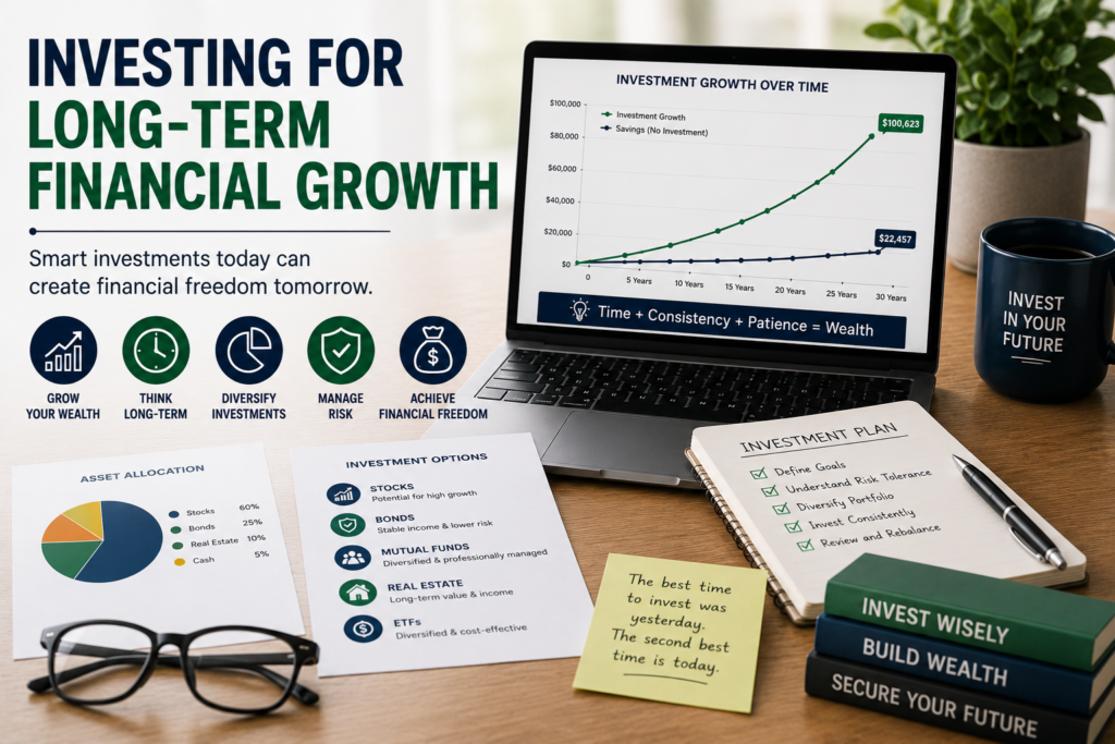 Professional investment planning infographic featuring long-term wealth growth charts, investment strategies, portfolio diversification, and financial planning tools.