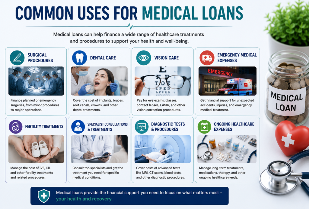 Professional medical financing infographic showing common uses for medical loans, including surgery costs, dental care, vision treatment, emergency medical expenses, fertility services, and specialist healthcare procedures.