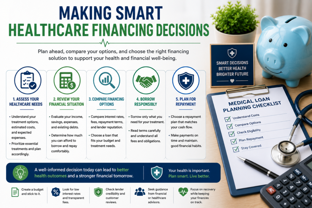 Professional healthcare financing infographic featuring medical expense planning, loan comparison, budgeting tools, repayment planning, and responsible healthcare financing decisions.