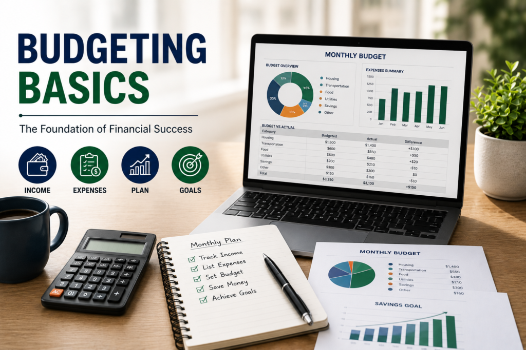 Professional budgeting infographic featuring a laptop, calculator, budget planner, expense tracking charts, and financial goal planning tools.