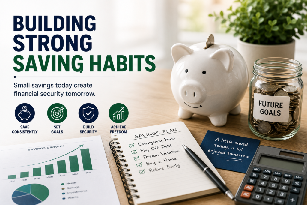 Professional savings and financial planning image featuring a piggy bank, savings goals notebook, calculator, growth chart, and long-term financial planning concepts.