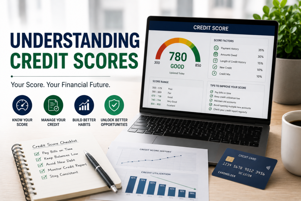 Professional credit score infographic showing credit rating factors, payment history, credit management, score improvement tips, and financial responsibility concepts.