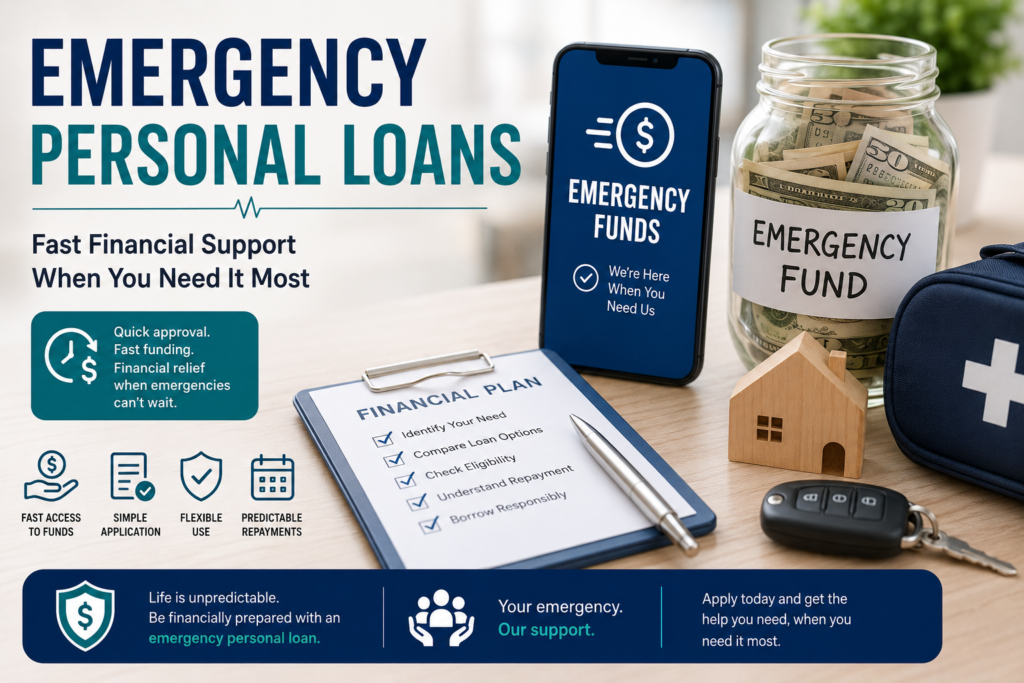 Professional emergency personal loans featured image showing emergency funds, financial planning, urgent expenses, emergency savings, and personal loan financing concepts.