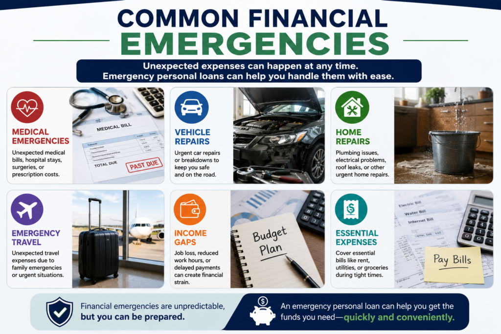 Professional financial emergency infographic showing medical bills, vehicle repairs, home repair costs, emergency travel expenses, income gaps, and essential household expenses.
