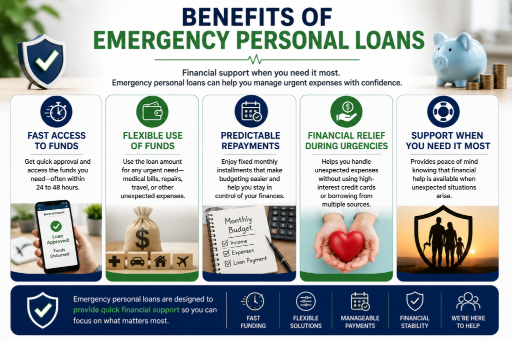 Professional emergency personal loan benefits infographic featuring fast funding, flexible use of funds, fixed monthly repayments, financial relief, and emergency financial support.