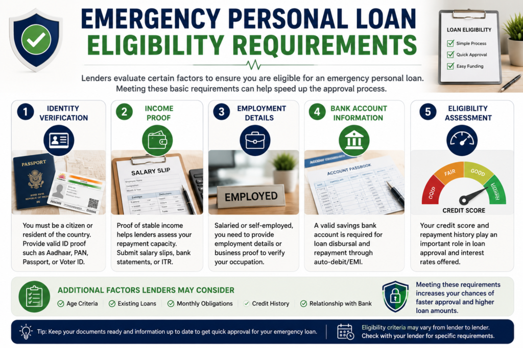 Professional emergency personal loan eligibility infographic showing identity verification, proof of income, employment details, bank account information, and loan eligibility assessment.