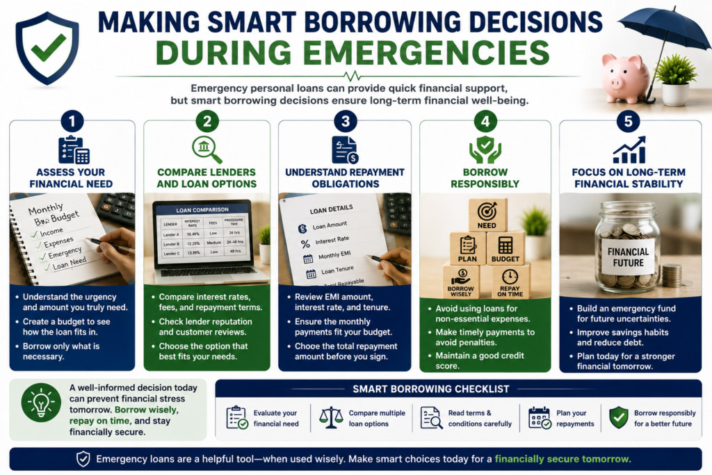 Professional emergency borrowing infographic showing budgeting, loan comparison, repayment planning, responsible borrowing practices, and long-term financial stability strategies.