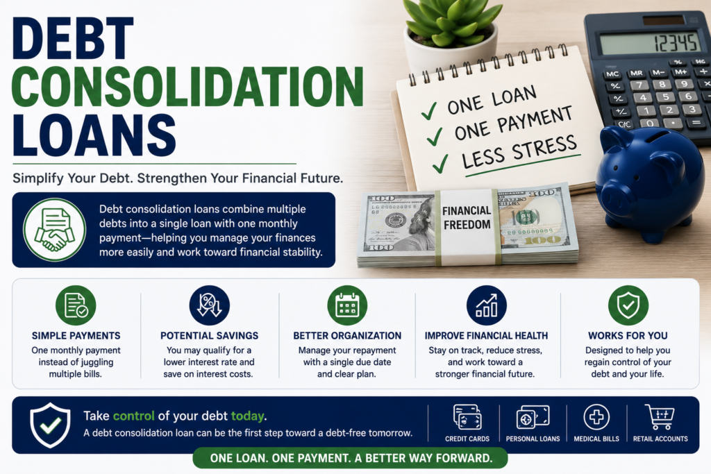 Professional debt consolidation loans featured image showing debt management, one monthly payment, financial planning, calculator, savings goals, and debt repayment strategies.