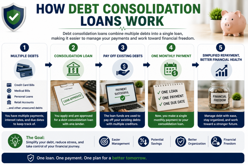 Professional debt consolidation loan process infographic showing multiple debts, consolidation loan approval, debt repayment, one monthly payment, and improved financial organization.