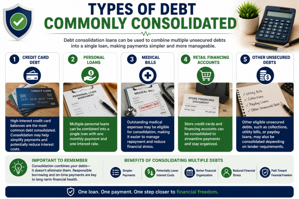 Professional debt consolidation infographic showing credit card debt, personal loans, medical bills, retail financing accounts, and other unsecured debts commonly consolidated into one loan.