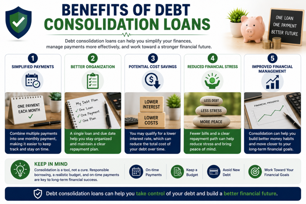 Professional debt consolidation loan benefits infographic showing simplified payments, better financial organization, potential savings, reduced financial stress, and improved money management.