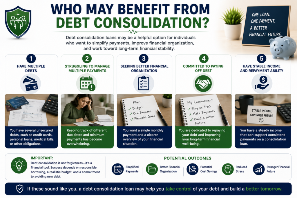 Professional debt consolidation infographic showing individuals with multiple debts, payment management challenges, financial organization goals, debt repayment commitment, and stable income requirements.