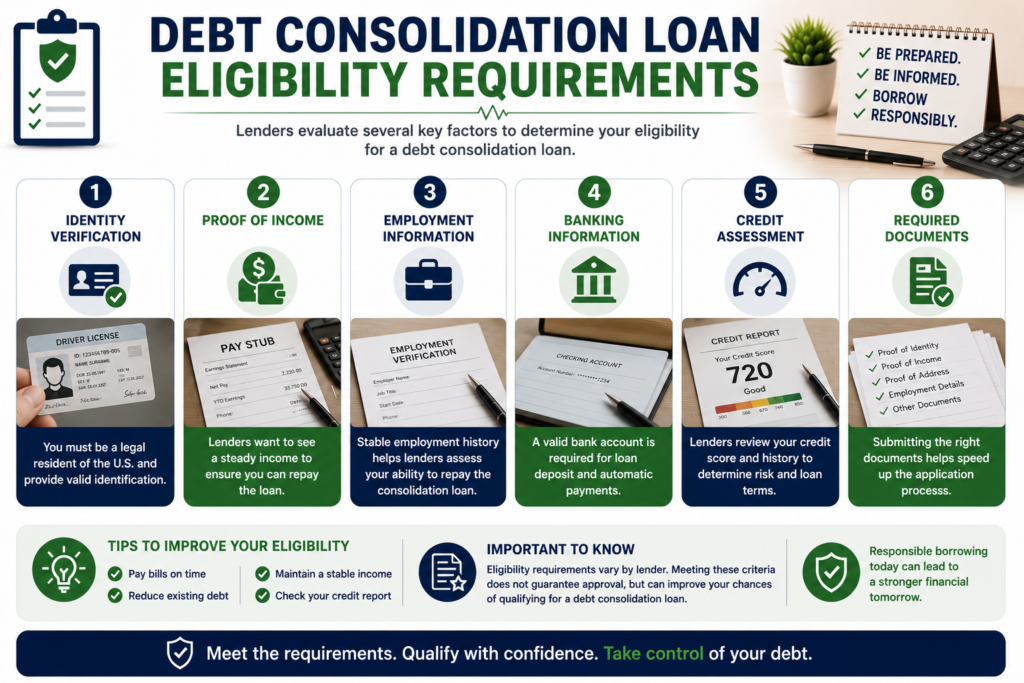 Professional debt consolidation loan eligibility infographic showing identity verification, proof of income, employment information, banking details, credit assessment, and required application documents.
