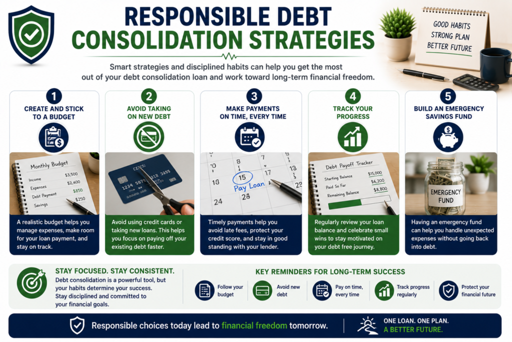 Professional debt consolidation strategy infographic showing budgeting, avoiding new debt, making payments on time, tracking debt repayment progress, and building emergency savings for financial stability.