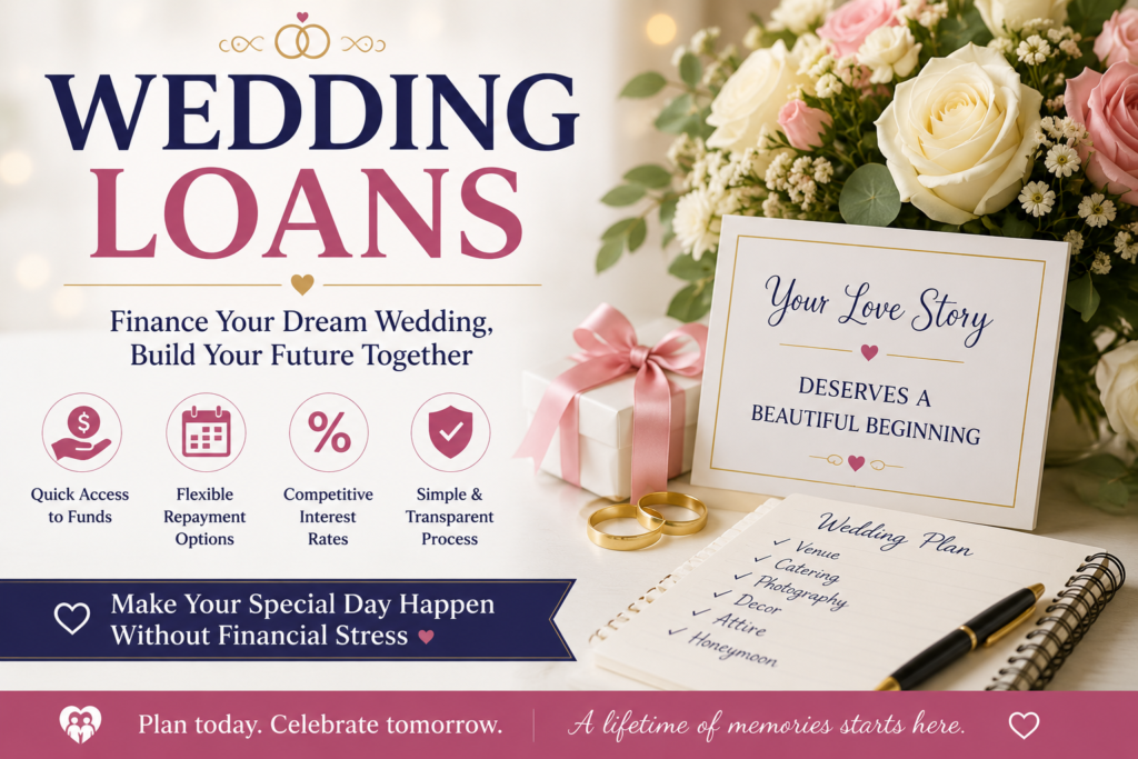 Professional wedding loans featured image showing wedding planning, floral arrangements, wedding rings, budgeting checklist, venue planning, and wedding financing concepts