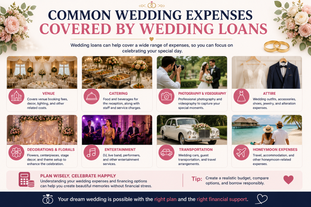 Professional wedding expenses infographic showing wedding venue, catering, photography, wedding attire, decorations, entertainment, transportation, and honeymoon expenses covered by wedding loans.