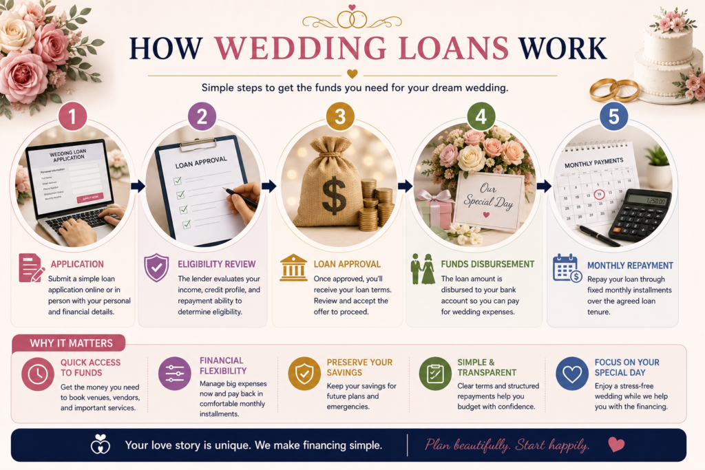 Professional wedding loan process infographic showing loan application, eligibility review, approval, fund disbursement, wedding expense payments, and monthly repayment schedule.