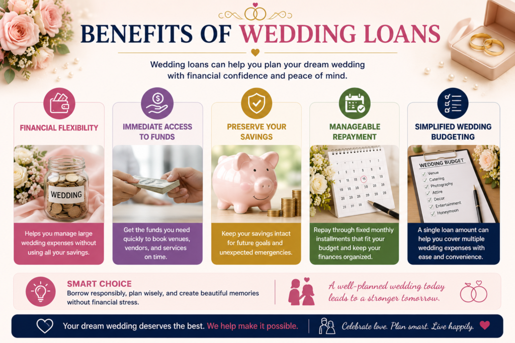 Professional wedding loans benefits infographic showing financial flexibility, quick access to funds, savings protection, manageable monthly repayments, and simplified wedding budgeting.