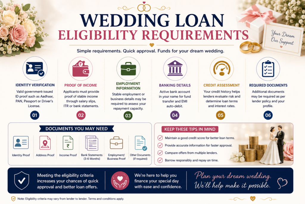 Professional wedding loan eligibility infographic showing identity verification, proof of income, employment information, banking details, credit assessment, and required documents for wedding financing.