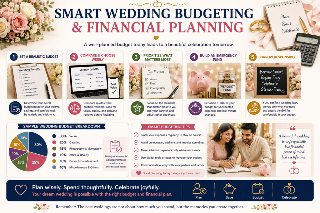 Professional wedding budgeting infographic showing wedding budget planning, vendor comparison, expense prioritization, emergency savings, responsible borrowing, and financial planning for weddings.