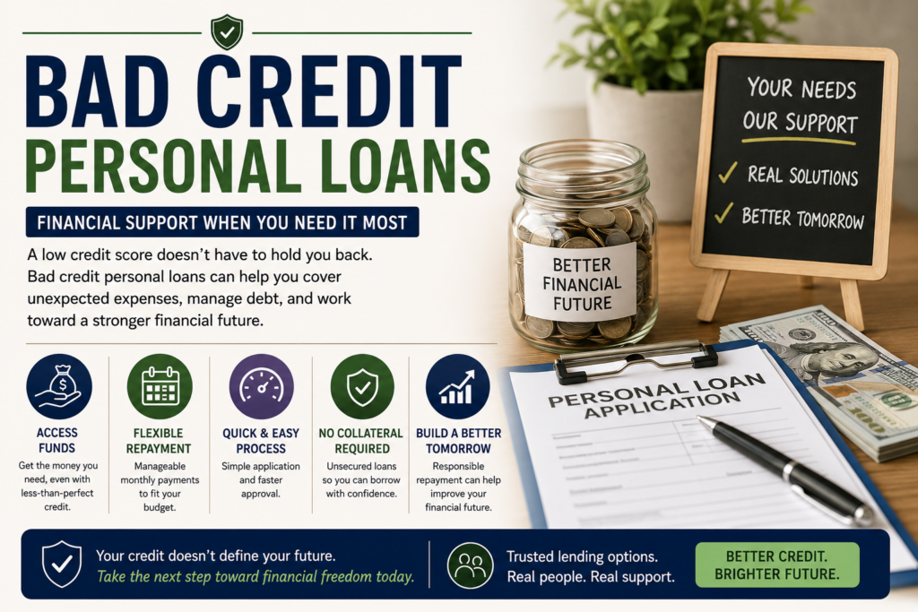 Professional bad credit personal loans featured image showing loan application, financial planning, savings jar, budgeting tools, emergency funding, and credit improvement concepts.