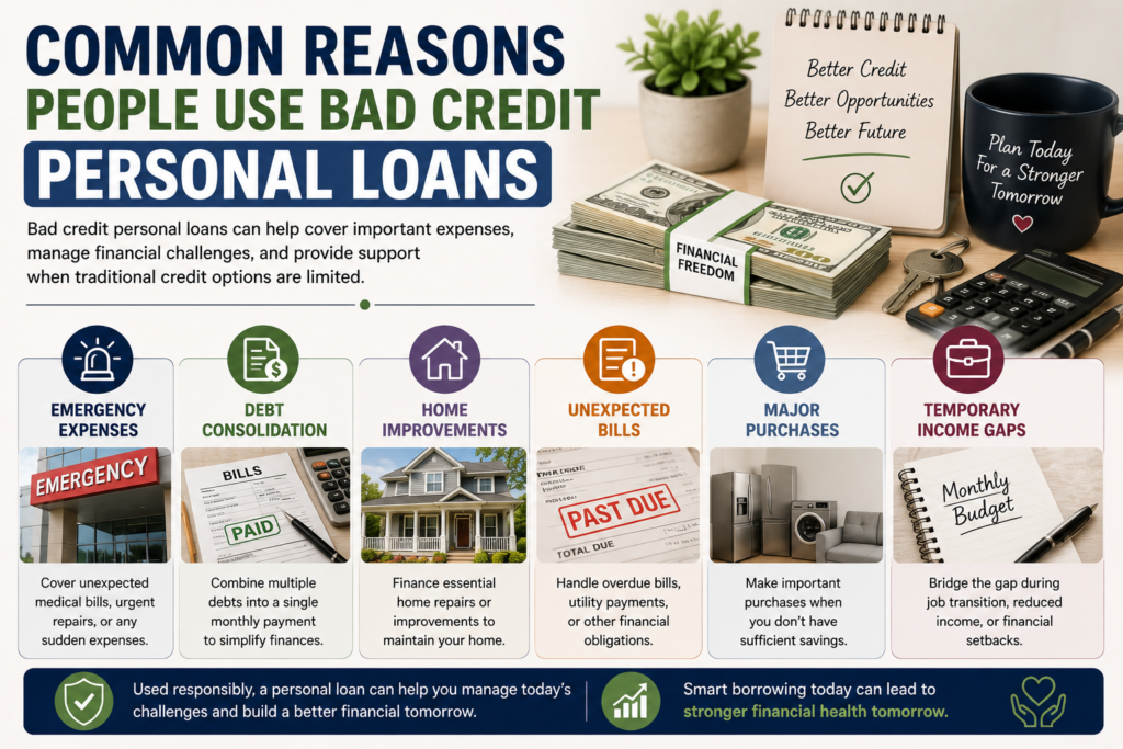 Professional infographic showing common reasons people use bad credit personal loans, including emergency expenses, debt consolidation, home improvements, unexpected bills, major purchases, and temporary income gaps.
