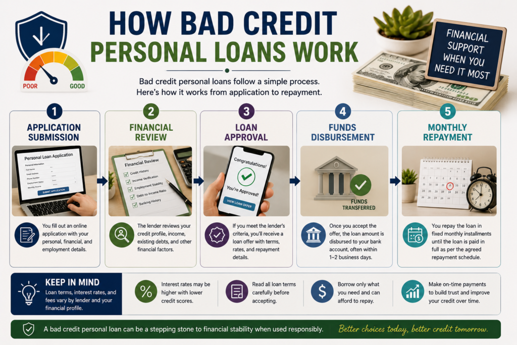 Professional infographic showing how bad credit personal loans work, including application submission, financial review, loan approval, fund disbursement, and monthly repayment process.