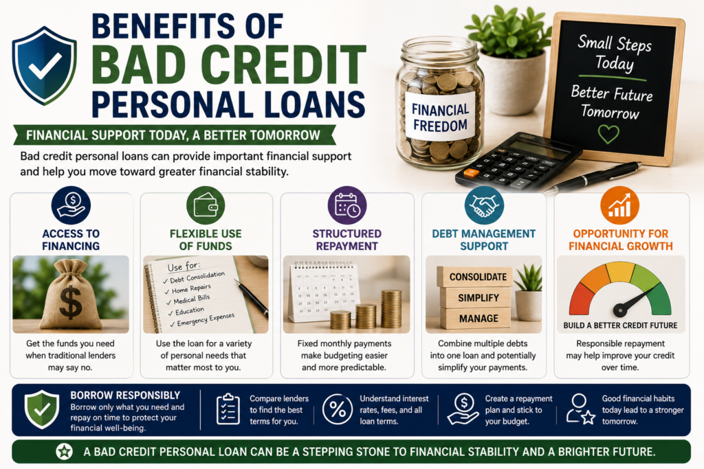 Professional bad credit personal loan benefits infographic showing access to financing, flexible use of funds, structured repayment, debt management support, and opportunities for financial growth.