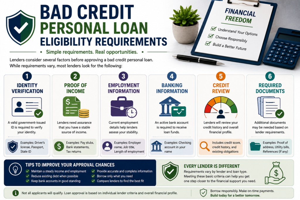 Professional bad credit personal loan eligibility infographic showing identity verification, proof of income, employment details, banking information, credit review, and required documents for loan approval.