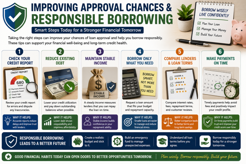 Professional infographic showing strategies for improving bad credit personal loan approval chances, including checking credit reports, reducing debt, maintaining stable income, comparing lenders, borrowing responsibly, and making timely payments.