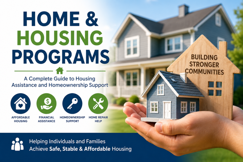 Professional home and housing programs featured image showing affordable housing assistance, homeownership support, housing resources, home repair programs, and community housing initiatives.