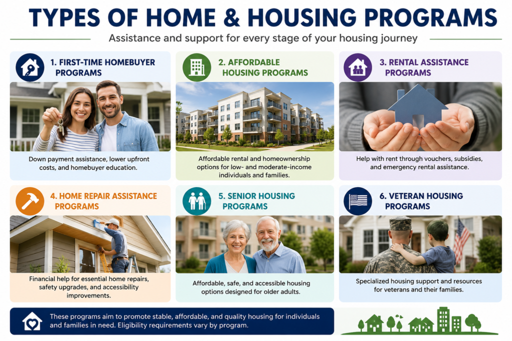 Professional infographic showing types of home and housing programs including first-time homebuyer assistance, affordable housing, rental assistance, home repair programs, senior housing, and veteran housing support.