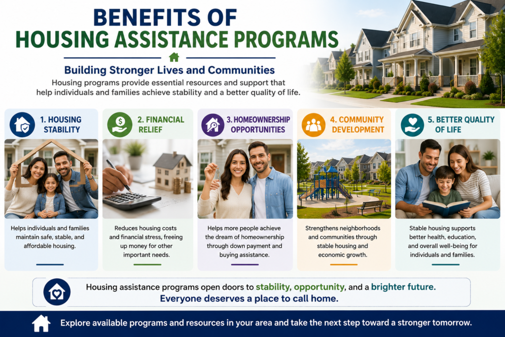 Professional infographic showing the benefits of housing assistance programs, including housing stability, financial relief, homeownership opportunities, community development, and improved quality of life.