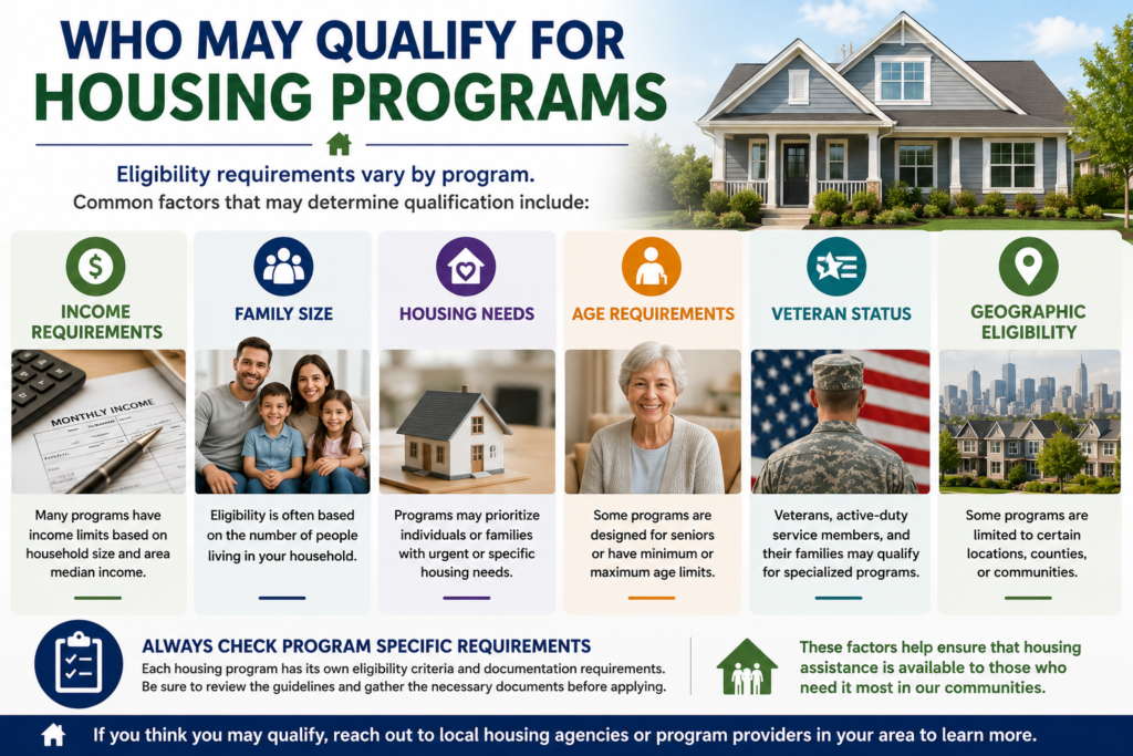 Professional infographic showing who may qualify for housing programs, including income requirements, family size, housing needs, age eligibility, veteran status, and geographic qualifications.
