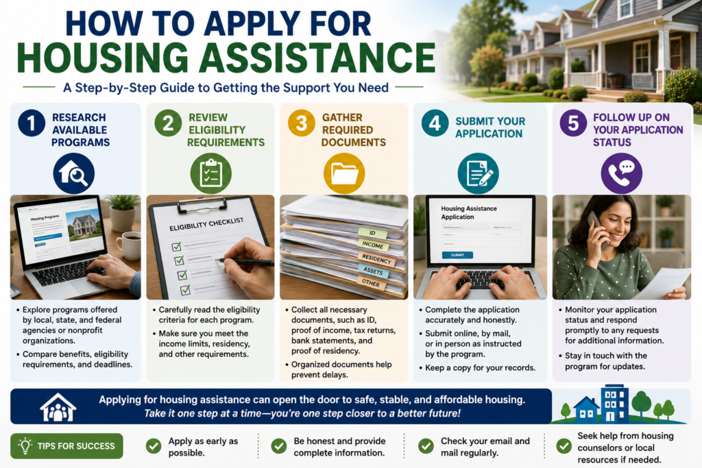Professional infographic showing how to apply for housing assistance, including researching programs, checking eligibility, gathering documents, submitting applications, and following up on status.