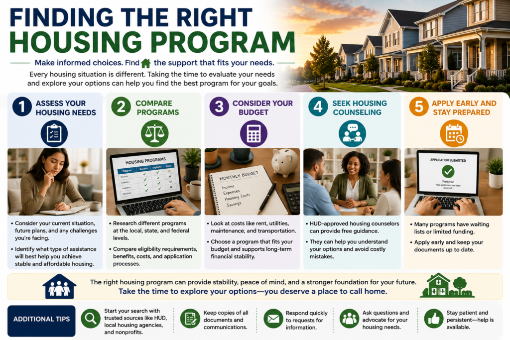 Professional infographic showing how to find the right housing program by assessing housing needs, comparing programs, budgeting, seeking housing counseling, and applying early.
