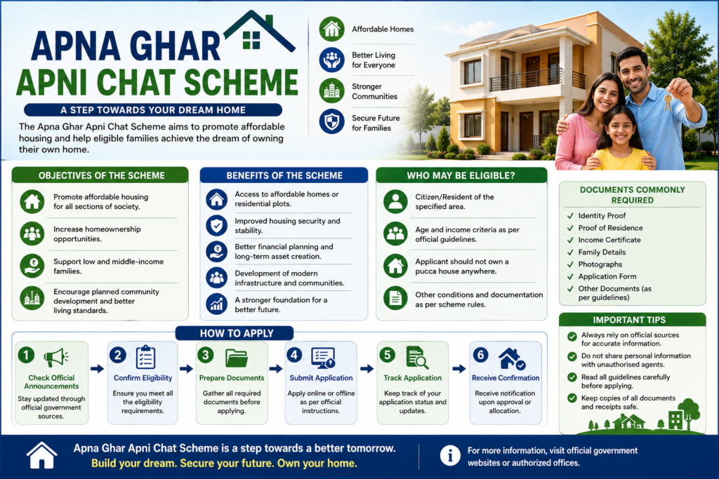 Professional infographic about the Apna Ghar Apni Chat Scheme showing affordable housing opportunities, eligibility requirements, benefits, application process, required documents, and homeownership support.