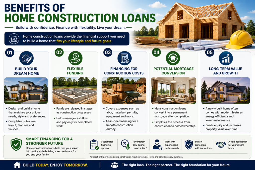 Professional infographic showing the benefits of home construction loans, including custom home design, flexible funding, construction cost financing, mortgage conversion options, and long-term property value growth.