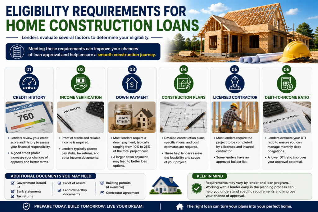 Professional infographic showing eligibility requirements for home construction loans, including credit score, income verification, down payment requirements, construction plans, licensed contractors, and debt-to-income ratio evaluation.