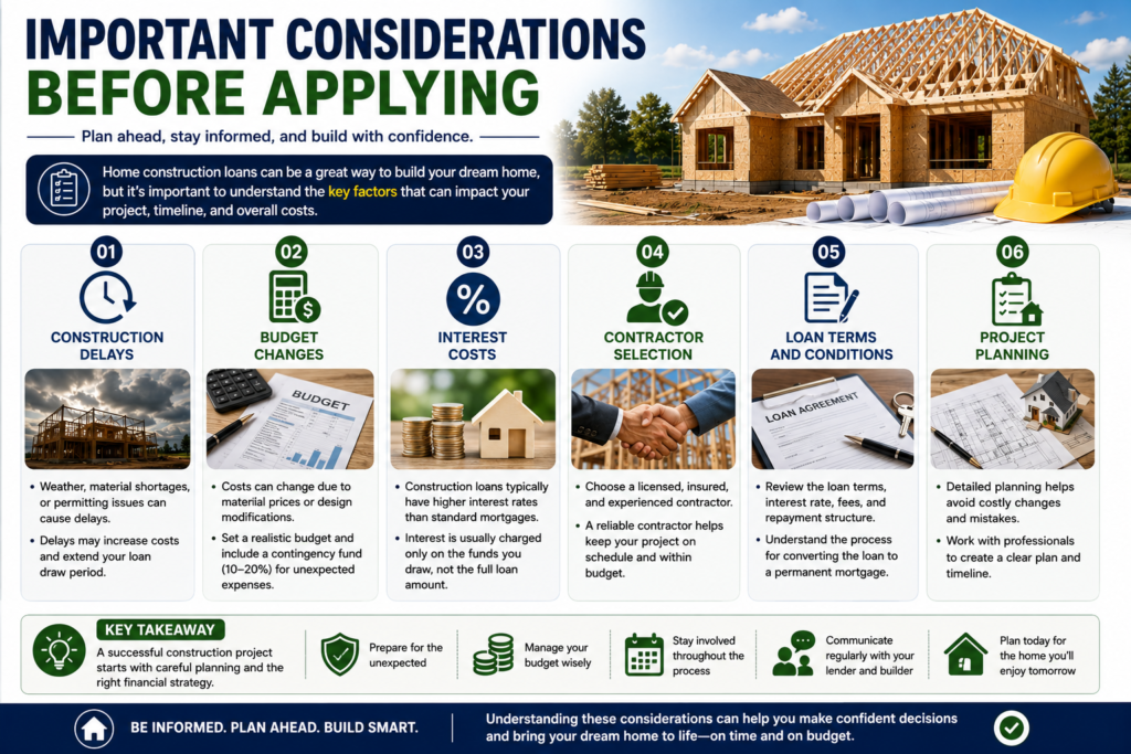 Professional infographic showing important considerations before applying for a home construction loan, including construction delays, budget planning, interest costs, contractor selection, loan terms, and project management.