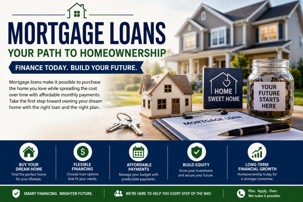 Professional mortgage loan infographic featuring a family home, mortgage documents, house keys, savings jar, and homeownership financing concepts.