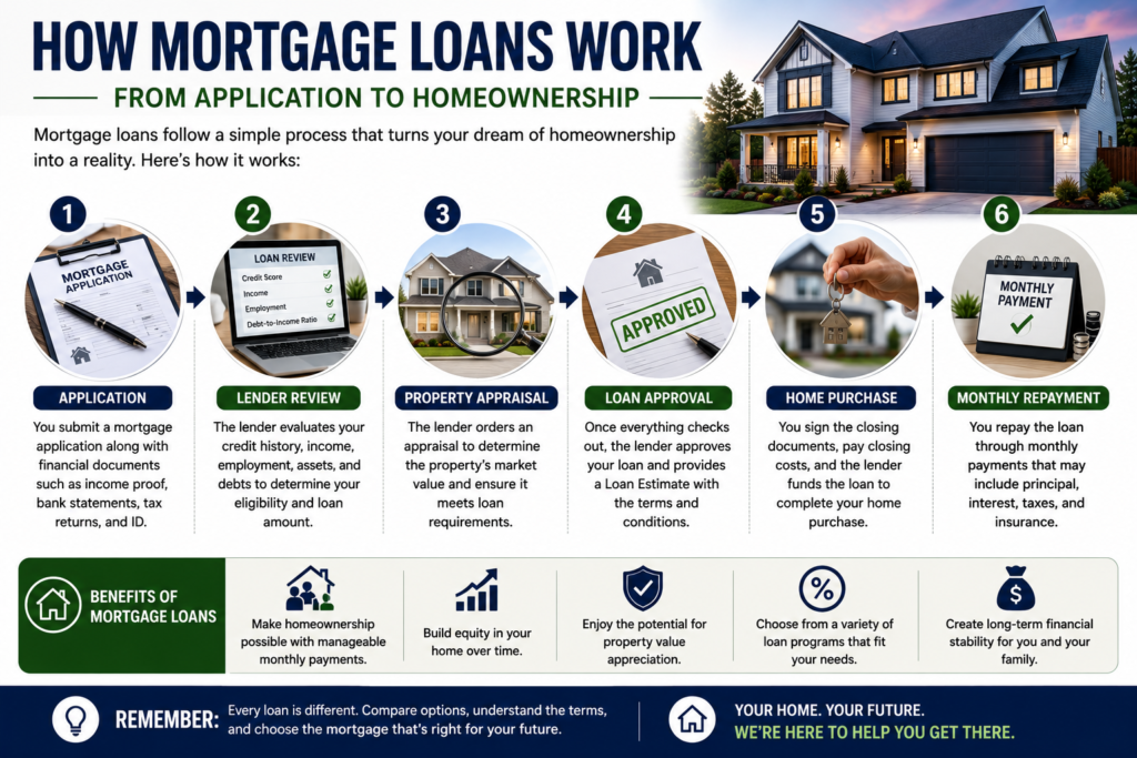 Professional infographic showing how mortgage loans work, including mortgage application, lender review, property appraisal, loan approval, home purchase, and monthly mortgage repayments.