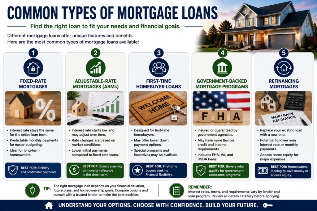 Professional infographic showing common types of mortgage loans, including fixed-rate mortgages, adjustable-rate mortgages, first-time homebuyer loans, government-backed mortgage programs, and refinancing mortgages.