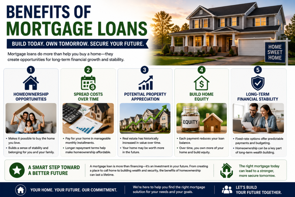 Professional infographic showing the benefits of mortgage loans, including homeownership opportunities, affordable monthly payments, property appreciation potential, home equity growth, and long-term financial stability.