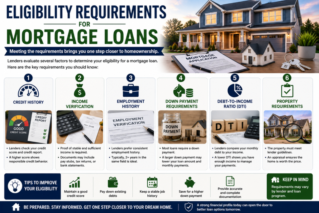 Professional infographic showing mortgage loan eligibility requirements, including credit history, income verification, employment history, down payment requirements, debt-to-income ratio, and property qualification standards.