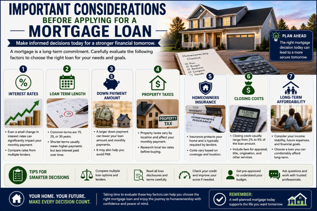 Professional infographic showing important considerations before applying for a mortgage loan, including interest rates, loan terms, down payment requirements, property taxes, homeowners insurance, closing costs, and affordability planning.